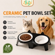 LDECO Double Ceramic Pet Bowl for Dogs & Cats | Food & Water Dual Purpose Cat Feeder | BPA-Free, Eas