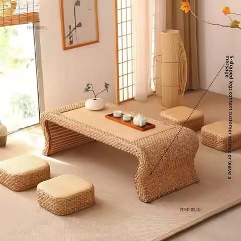 Japanese Tatami Rattan Coffee Table and Chair Set Living Room Coffee Table Balcony Leisure Coffee Ta