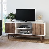 Nathan James Wesley Scandinavian TV Stand Media Console with Wooden Frame and Cabinet Doors, White/Rustic Oak