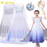 Dress For Kids Girl Frozen 2 Elsa Princess Costume Wig Crown White Baby Clothes Dresses Snow Queen Snowflake Costumes For Kid Girls Outfit Children Party Clothing