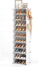 LANTEFUL 10 Tiers Tall Shoe Rack 20 Pair Organizer Narrow with Door Portable Storage Cabinet Hooks Sturdy Plastic White for Entryway and Bedroom,(XJ-002)