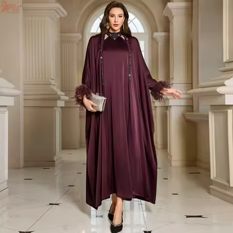 Eid Muslim Women feathers Diamonds Kimono Cardigan Inner Dress 2 Piece Set Luxury Dubai Abaya Kaftan