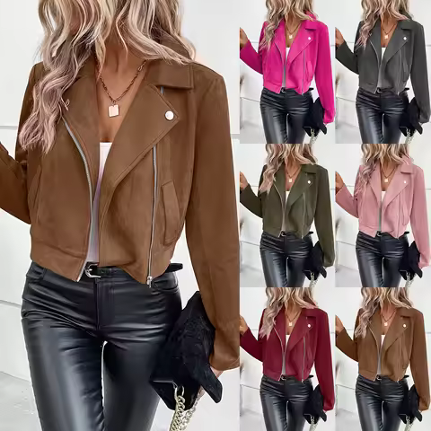 Faux Suede Women Jakcet Zipper Fly Lapel Buttons Motorcycle Jacket Leather Jacket Windproof High Str