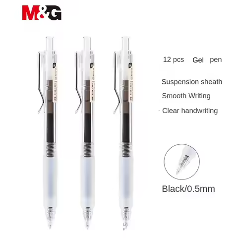 M&G 12pcs Gel Pen 0.5mm Black Push Action Gel Pen Bullet Tip Signature Pen Student Office Use Writin