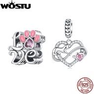WOSTU 925 Sterling Silver Sweet Pink Cat Claw Charms Love Heart Pet Animal Beads Fit Original Bracelet Bangle DIY Jewelry Making