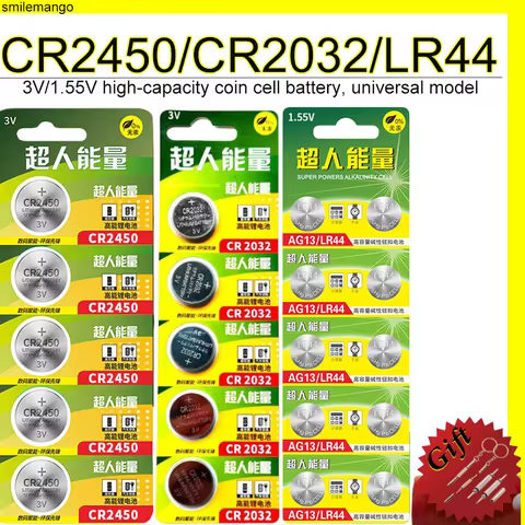 CR2450 CR2032 5Pcs LR44 10Pcs Button Battery, 3V 1.55V Lithium Alkaline with Free Screwdriver for Ca