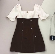 [LISA] A0332 ชุดเดรสกระโปรงคอเหลี่ยมแขนสั้นระบายแต่งโบว์เพชร ใส่เที่ยว ใส่ทำงาน ใส่ออกงาน