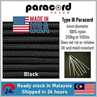 - 4mm Type III 550 Tali Paracord Rope Parachute Cord - Black