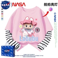 NASA Labubu Fake Two-Piece Girls' T-Shirt Spring Autumn Clothes Girls Lighting Inner Wear Long-Sleev