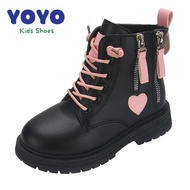 Korean black boots for kids girl fashion school shoes martin boots side zipper pink with love heart 