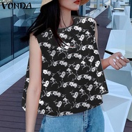 เสื้อเสื้อเด็กแขนกุดทรงหลวมสำหรับวันหยุดแฟชั่นของผู้หญิง VONDA เสื้อยืดคอกลมพิมพ์ลายดอกไม้ (ลำลองเกาหลี)