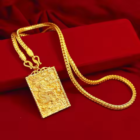 24K Gold Dragon Plaque Pendant | AU999 Pure Gold, 3D embossed dragon, flame - edged frame, imposing 