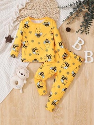 嬰兒男寶寶貼身修身黃蜜蜂印花長袖t恤和長褲套裝,適用於家居穿著