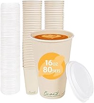 Earth's Natural Alternative 100% Compostable Disposable Coffee Cups with Lids [16oz 80 Set] Paper Cu