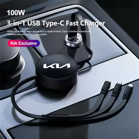 3-in-1 USB Type-C Fast Charger Plug Car Telescopic Data Cable For Kia Sportage Seltos Carnival Ceed 