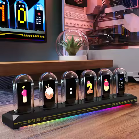 USB Powered RGB Nixie Tube Clock with IPS Color Screen, Corded Electric Aluminum Oval Alarm Clock wi