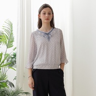 [CUMAR] Bow Printed Ruffle Collar Laced-Up Top-Shirt Beige