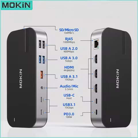 MOKiN Dock Triple Monitor 15 in 1 Docking Station USB C 3 HDMI 10Gbps USB 3.1 RJ45 SD/TF Audio PD 10