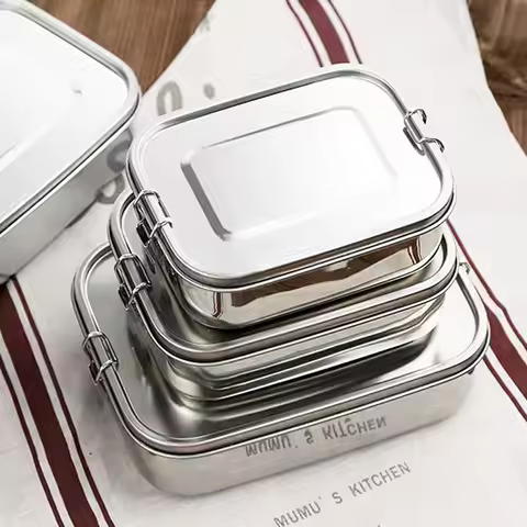 304 Stainless Steel Square Lunch Box Sealed Insulation Bento Box Student Lunch Box Canteen Large Cap