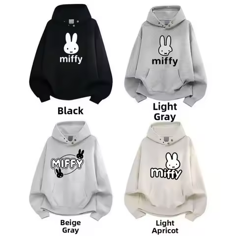 Miffy Simple Fashion American Street Hiphop Lazy Versatile Design Button Hoodie Autumn Winter Couple
