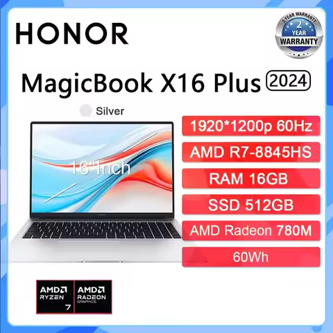 Honor Laptop X16 Plus R7-8845HS 16G 512G SSD 16-inch Radeon 780M IPS Screen 60Wh Notebook Win11 Silv