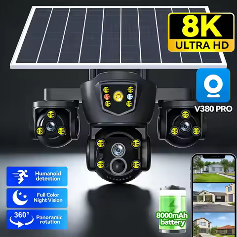 V380 Pro Triple Screen Solar Security Camera Outdoor Triple Lens, WiFi Battery CCTV External WiFi Ca