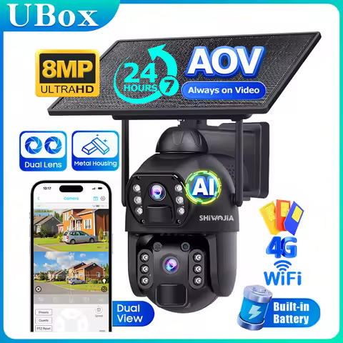 SHIWOJIA 8MP Solar Camera Dual Lens AOV 24-Hour Video Recording Security Camera 4G LTE Wifi Network 