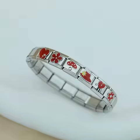 Hapiship 2024 Women Red Glaze Flower Heart Kiss Me Charms Italian Links Fit 9mm Stainless Steel Brac