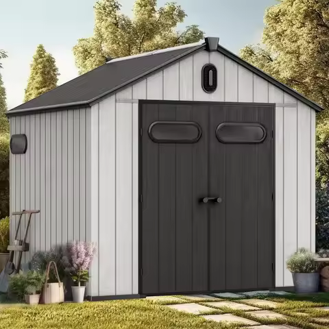 8x8ft Outdoor Resin Storage Shed with Floor, 427 cuft Waterproof Garden Shed with Lockable Door, Win