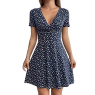 Womens Floral Print Mini Dress Short Sleeve V Neck Flowy Short Dress Summer Beach Swing A-Line Sundr