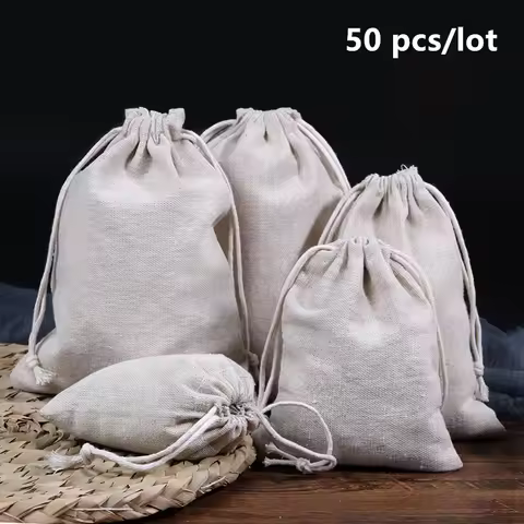 50 Pcs/Lot Linen Storage Drawstring Bags Party Christmas Gift Fabric Package Plain Cotton Pouches 8x