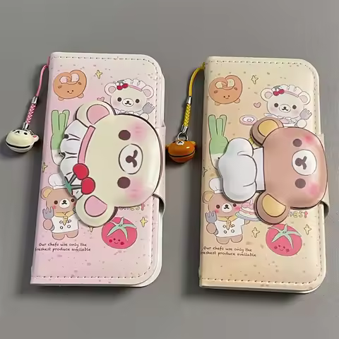 Rilakkuma Cute Cartoon Anime Leather Flip Cover for Apple 16Promax New Phone Case Gift Surrounding C