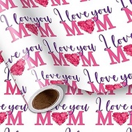 LeZakaa Mother's Day Wrapping Paper Roll, I Love You Mom in Pink Purple Text & Red Hearts Design, Mi