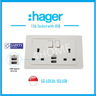 Hager 13A Socket with USB (Safety Mark)
