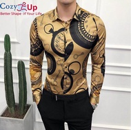 Cozyเสื้อเชิ้ตลำลองเสื้อแขนยาวผู้ชายเสื้อสีทองใหม่ชุดเดรสเกาหลีเข้ารูปพอดีเสื้อTuxedoแฟชั่นชายNight