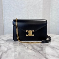 Celine 黑滑面牛皮金釦凱旋門下蓋6卡Woc