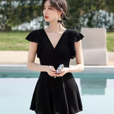 Women Pure Lust Style Swimsuit White Black One-piece Conservative Belly-covering Slimming Swimwear K