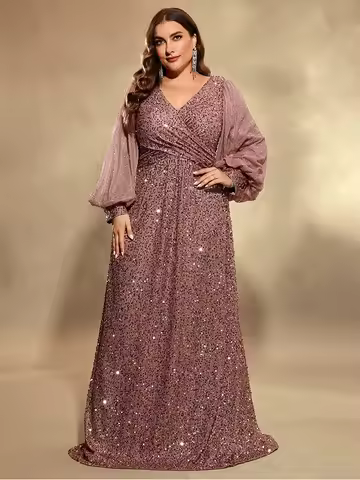 Plus Size V-neck Long Sleeve Floor-length Sequin Evening Dress 4XL 5XL Big Size Luxury Bridesmaid Sh