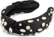 Vovii Black Knotted Headband with Rhinestone for Women, Jeweled Beaded Wide Top Knot Headband Sparkl