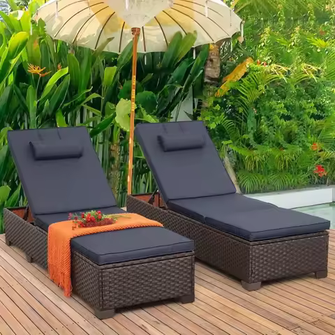 Outdoor Chaise Lounge Set of 2 Brown Wicker Patio Chaise Lounge Pool Lounge Chairs Multi-Angle Adjus