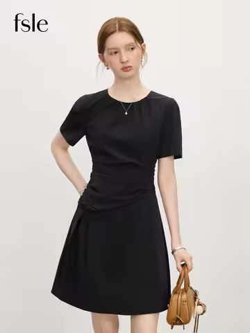 FSLE Black Temperament Waist A-line Dress for Women Summer 2025 New Slim Fit 25FS12744+25FS12742