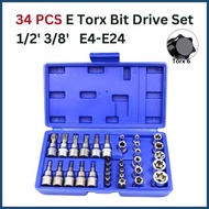 34 Pcs E Torx Bit Drive Set 1/4"3/8"E4-E24 E Torx Star Female Bit Socket Set