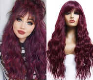 ANDRIA 99j Wig with Bangs Burgundy Wine Red Color Wig Wet and Wavy Long Loose Curly Wave Synthetic H