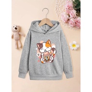 2024 Fashion Anime Cat &amp; Bubble Tea Print Girls Casual Hoodies Tops Long Sleeve Pullover Hooded Sweatshirts For Sports Outdoor Teens Clothing