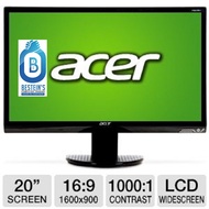 MONITOR, ACER P205H LCD-WIDE GLOSSY 20INC 1600 X 900 VGA/DVI SUPPORTED MOUNTABLE BLACK
