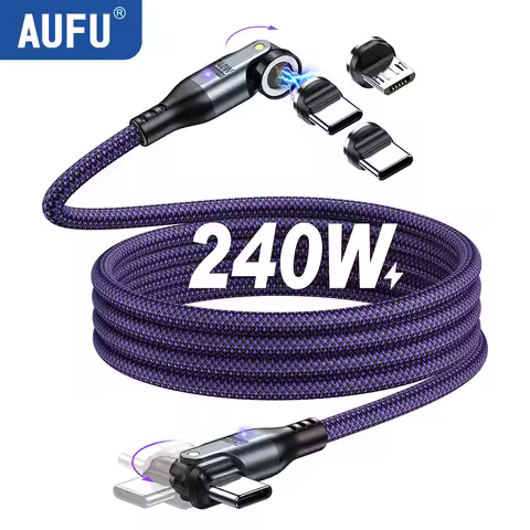 AUFU 240W Magnetic Cable Fast Charging Mirco USB Type C Cable For iPhone Xiaomi Laptop 540 Rotate El
