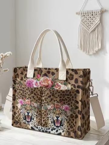 Leopard Print & Floral Leopard Head Corduroy Tote Bag Large Capacity Multi Pocket Animal Print Commu