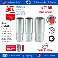 [TAIWAN] AOK 1/2 Inch DR 12PT Deep Chrome Socket Box 8-32MM; Long; Toyo; Heavy Duty; Soket Panjang; 