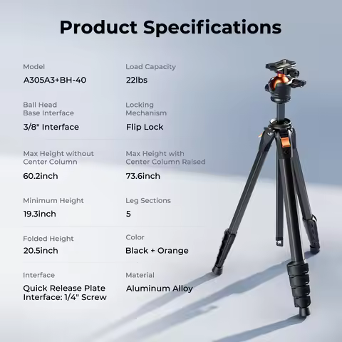 K&F CONCEPT 73" Aluminum Compact Camera Tripod Portable Travel Tripod for iPhone 22 lbs Capacity Arc