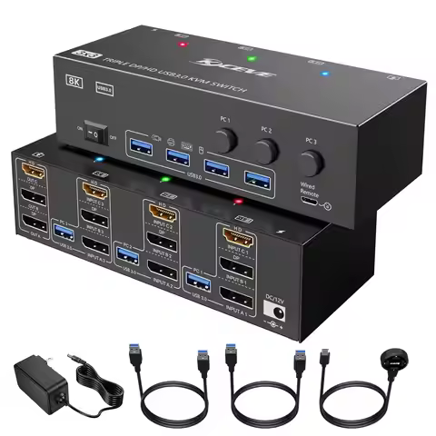 KCEVE KVM Switch 3 Computers 3 Monitors HDMI + DisplayPort USB 3.0 KVM Switcher 8K@30Hz/4k@144Hz Tri